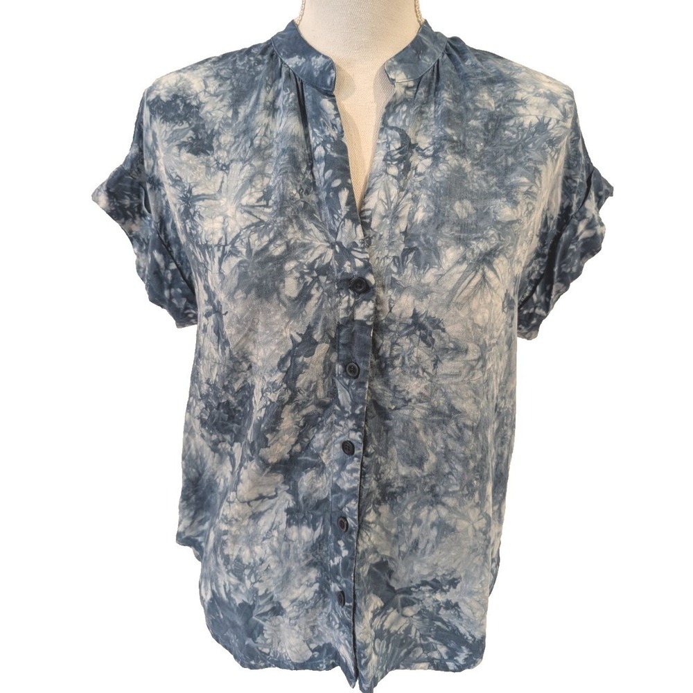 Anthropologie Cloth & Stone Buttton Down Blouse Blue Tie Dye Tencel XS